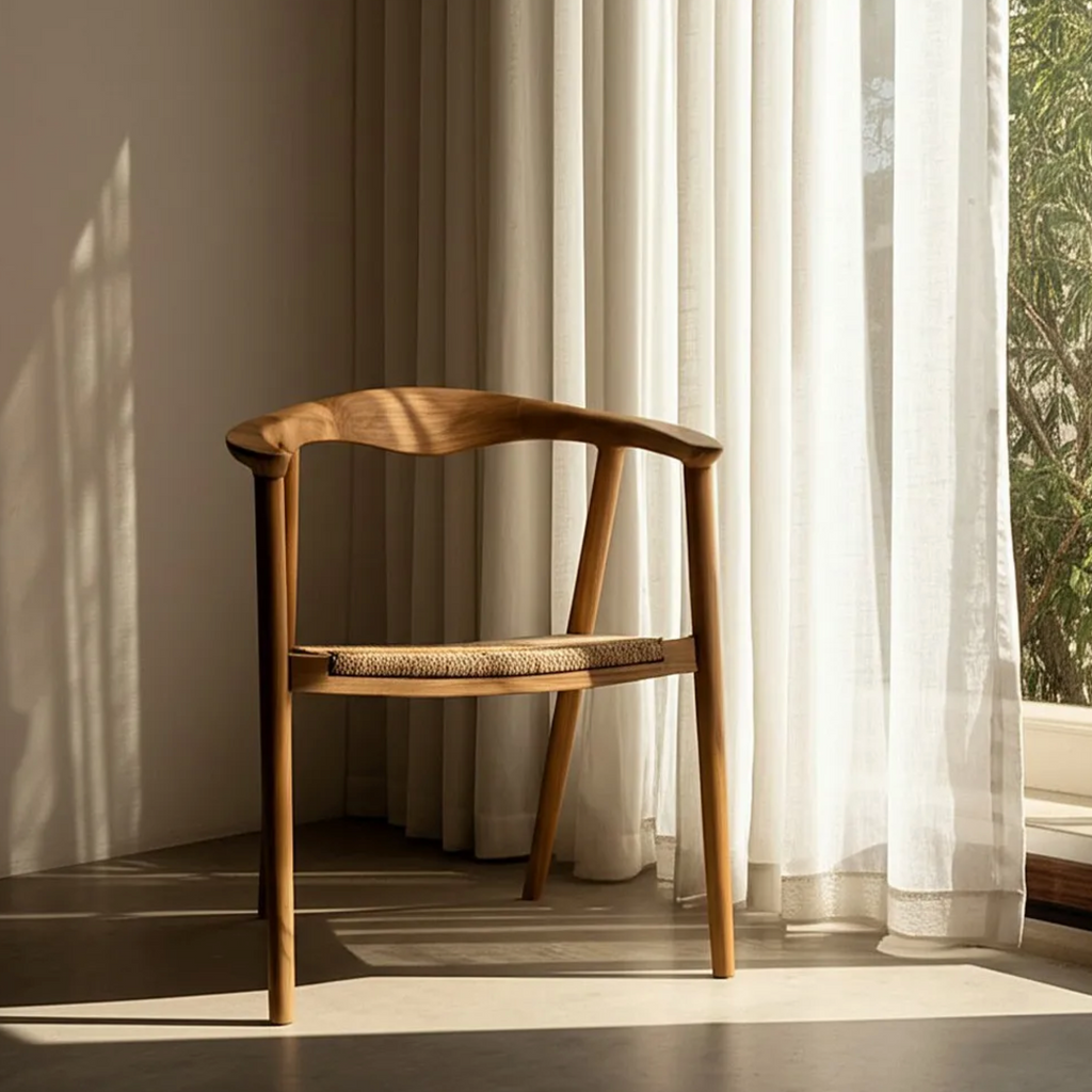 Silla NURA Mid-Century | Silla de madera maciza de teka y fibra natural