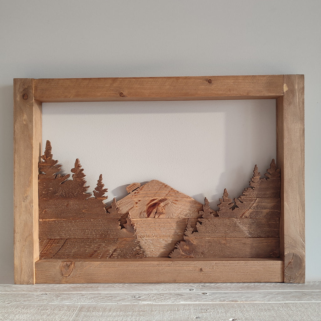 Bosque con furgoneta viajera - Decoración artesanal de madera