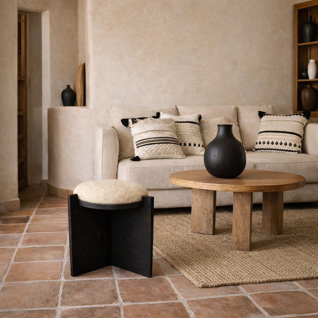 Taburete artesanal madera y fieltro lana