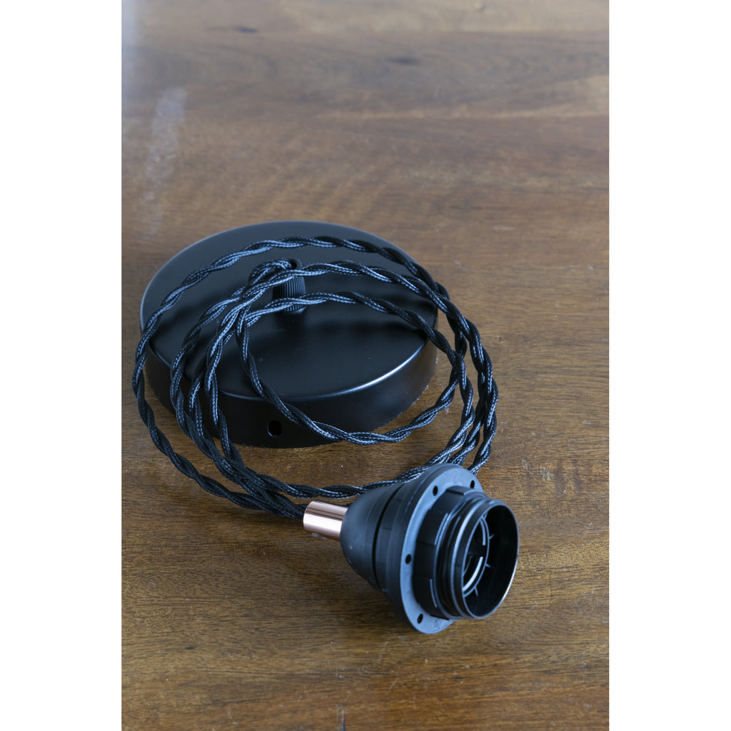 Cable textil negro, florón y portalámparas
