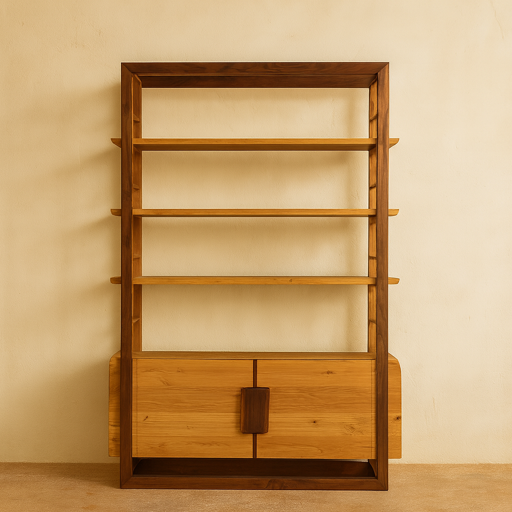 Kirei chestnut and walnut designer shelving unit