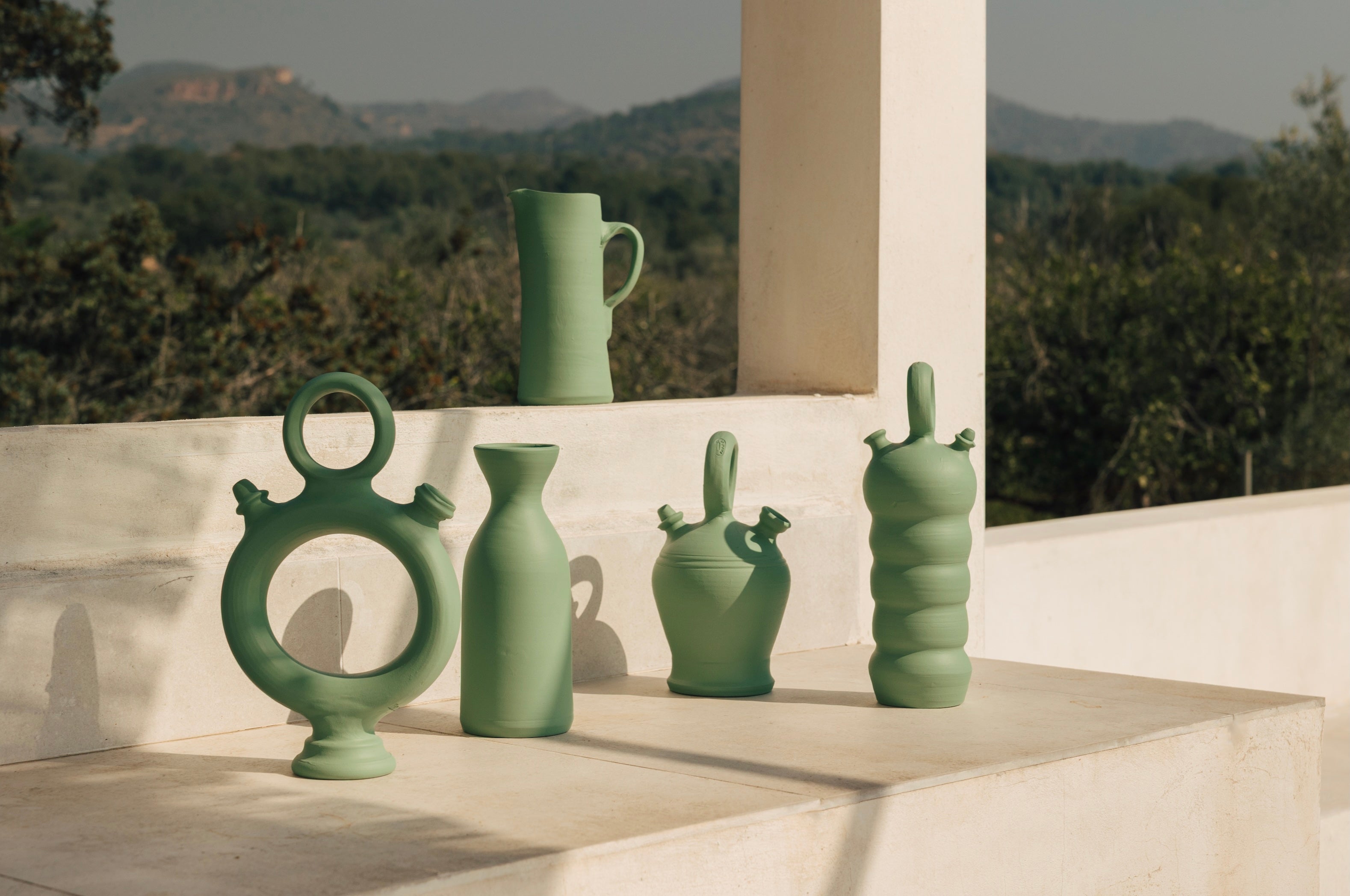 Pack de cerámica Verde - Jarra, Decantador y Botijo